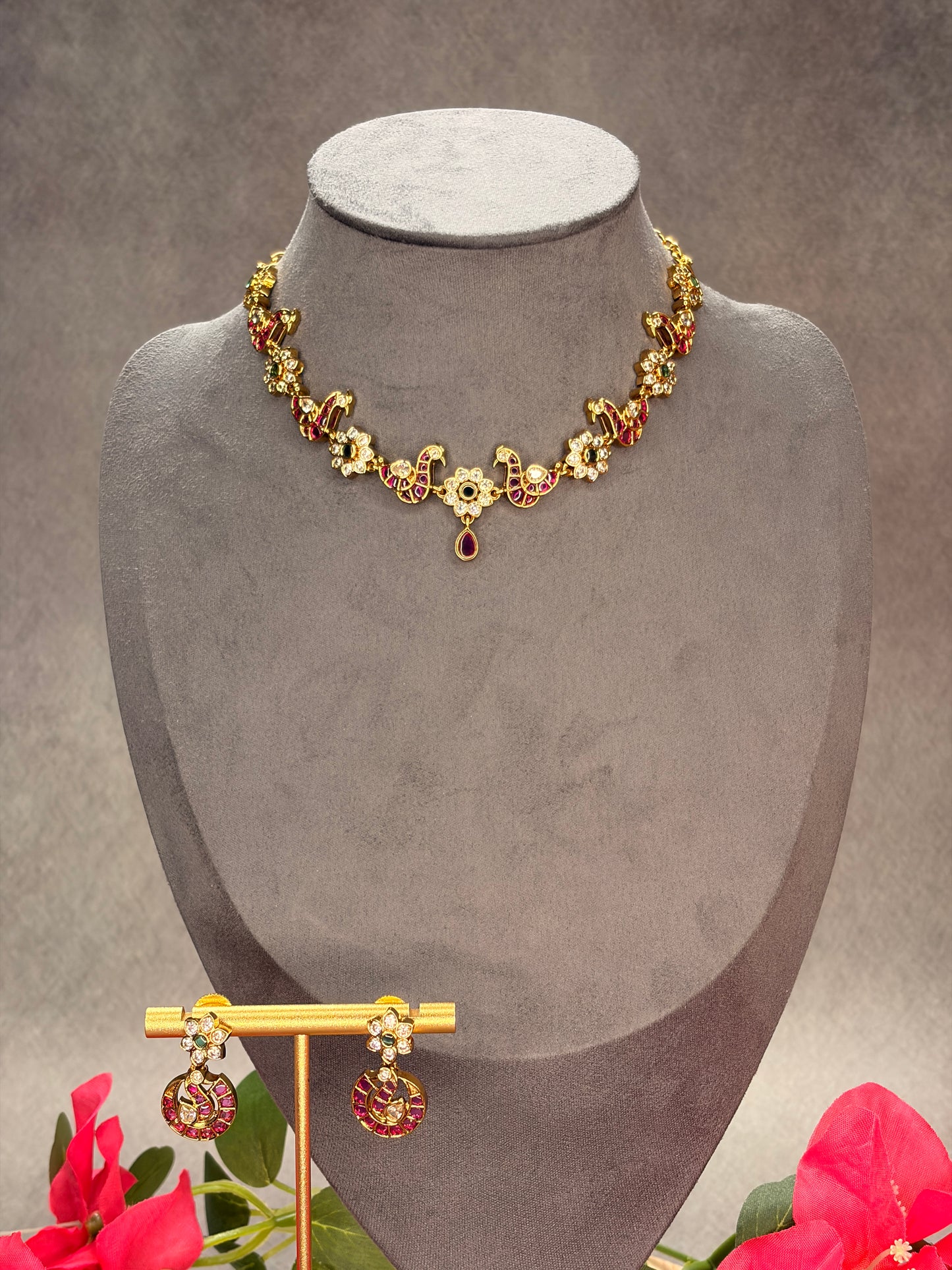 Matt Gold Jadau Kundan Peacock Necklace Set MJ182