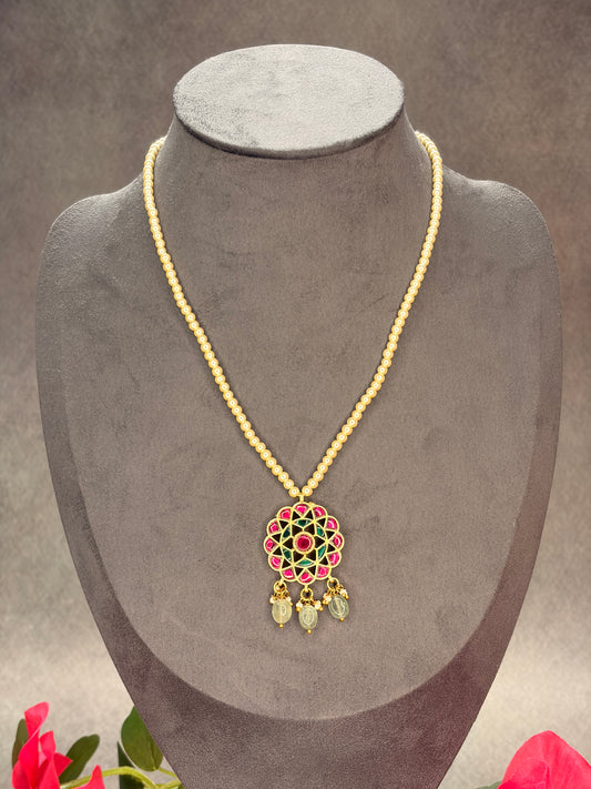 Jadau Kundan Pearl Mala Necklace with Floral Pendant MJ81