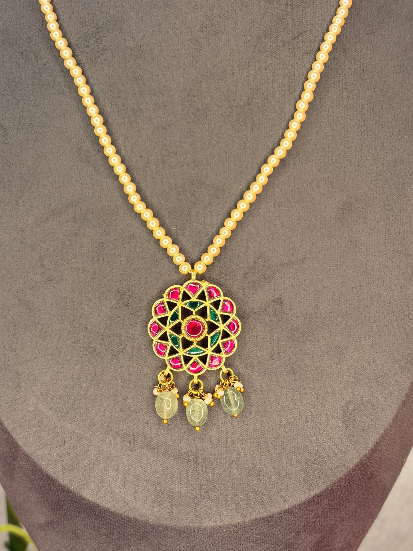 Jadau Kundan Pearl Mala Necklace with Floral Pendant MJ81