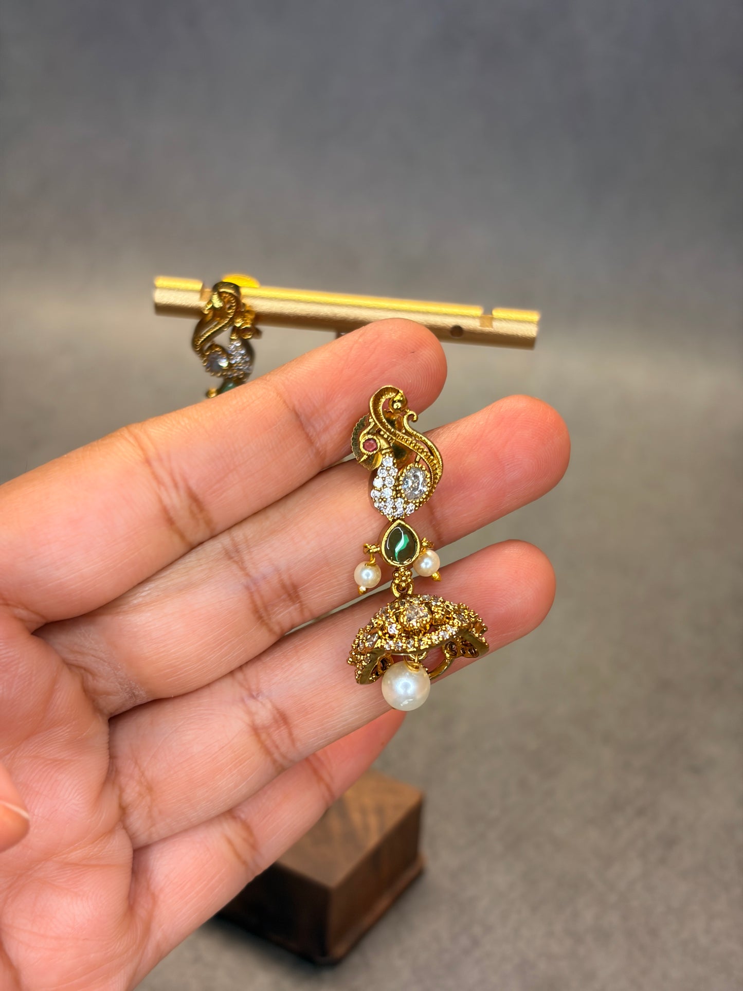 Matt Gold CZ Jhumka Earrings with Green Stone & Pearl Drop MJ189