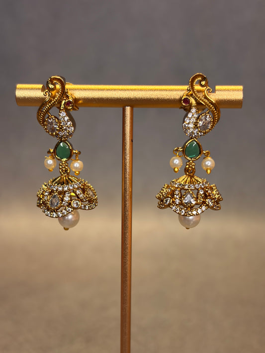 Matt Gold CZ Jhumka Earrings with Green Stone & Pearl Drop MJ189
