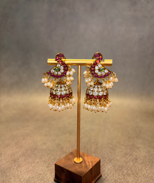 Jadau Kundan Peacock Jhumka Earrings with Pearl Danglers MJ91