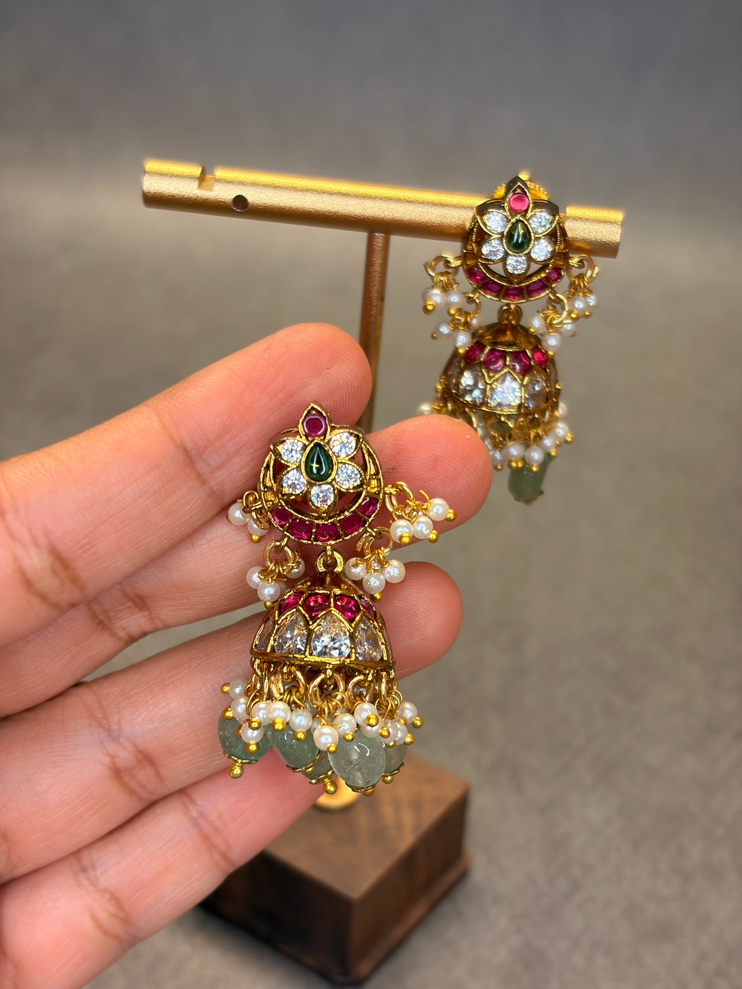 Jadau Kundan Jhumka Earrings with Pearl & Green Bead Drops MJ192