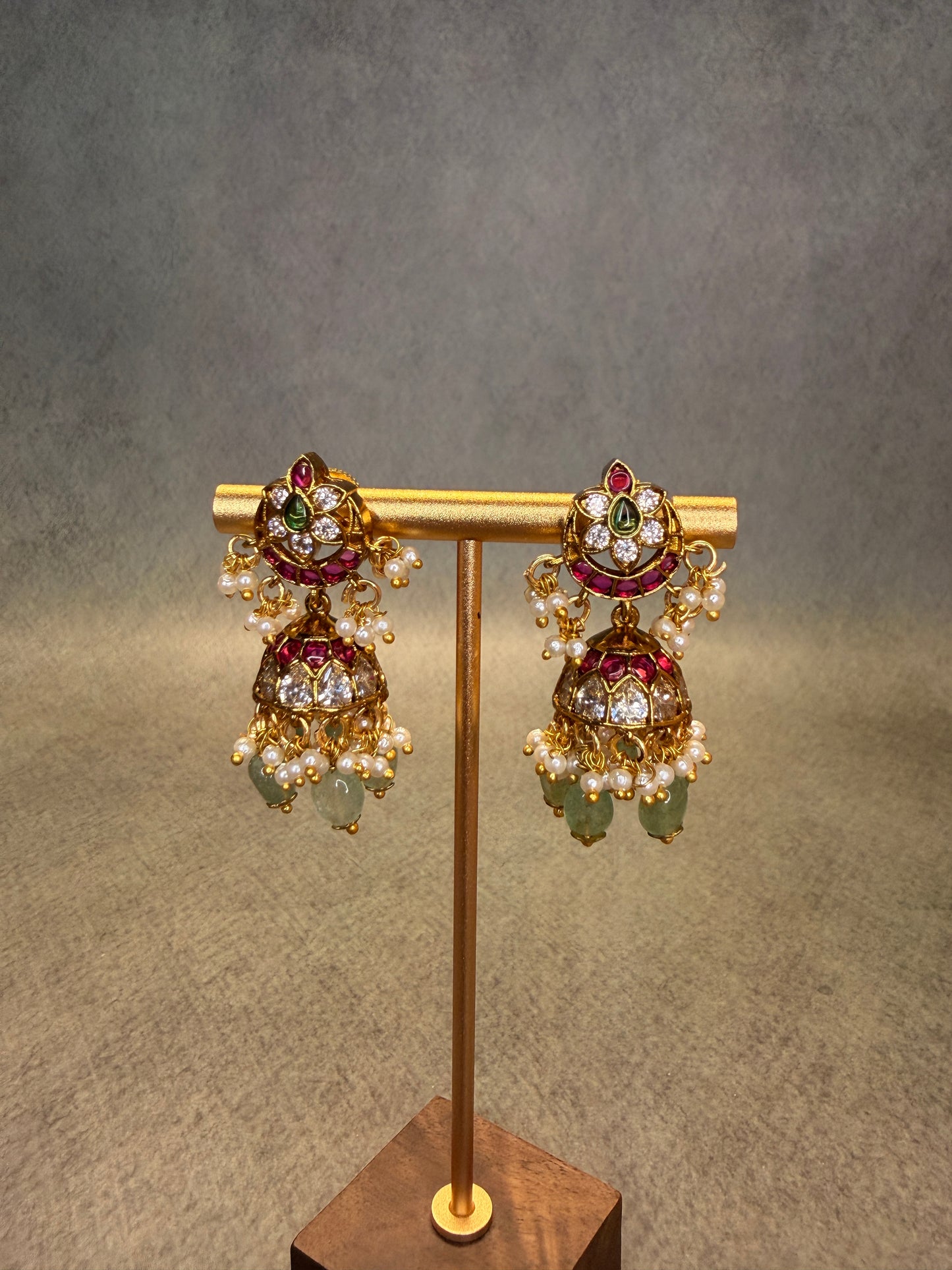 Jadau Kundan Jhumka Earrings with Pearl & Green Bead Drops MJ192
