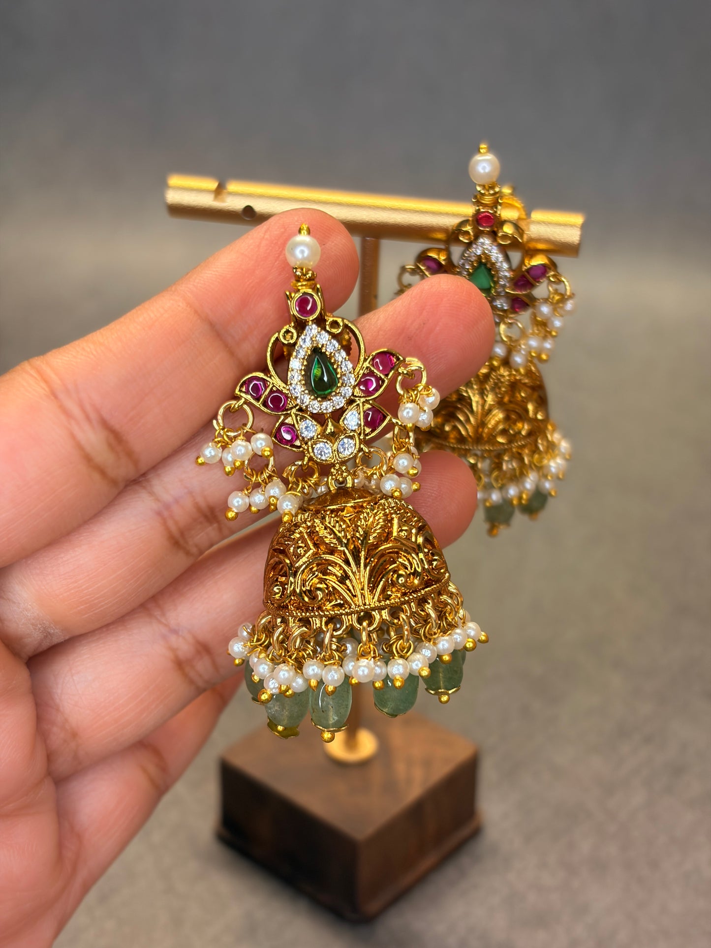 Temple Jhumka Earrings with Pearl & Green Bead Drops MJ194