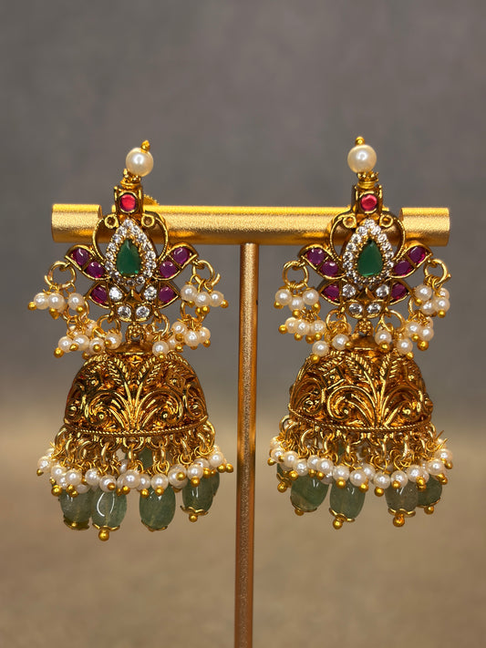 Temple Jhumka Earrings with Pearl & Green Bead Drops MJ194