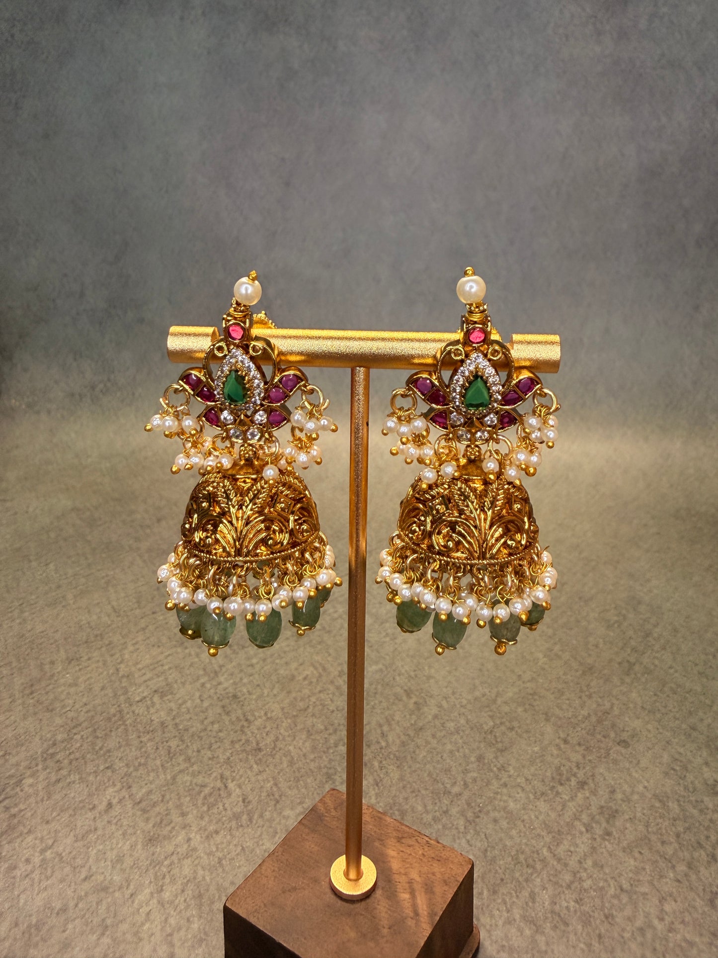 Temple Jhumka Earrings with Pearl & Green Bead Drops MJ194
