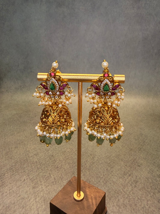 Temple Jhumka Earrings with Pearl & Green Bead Drops MJ194