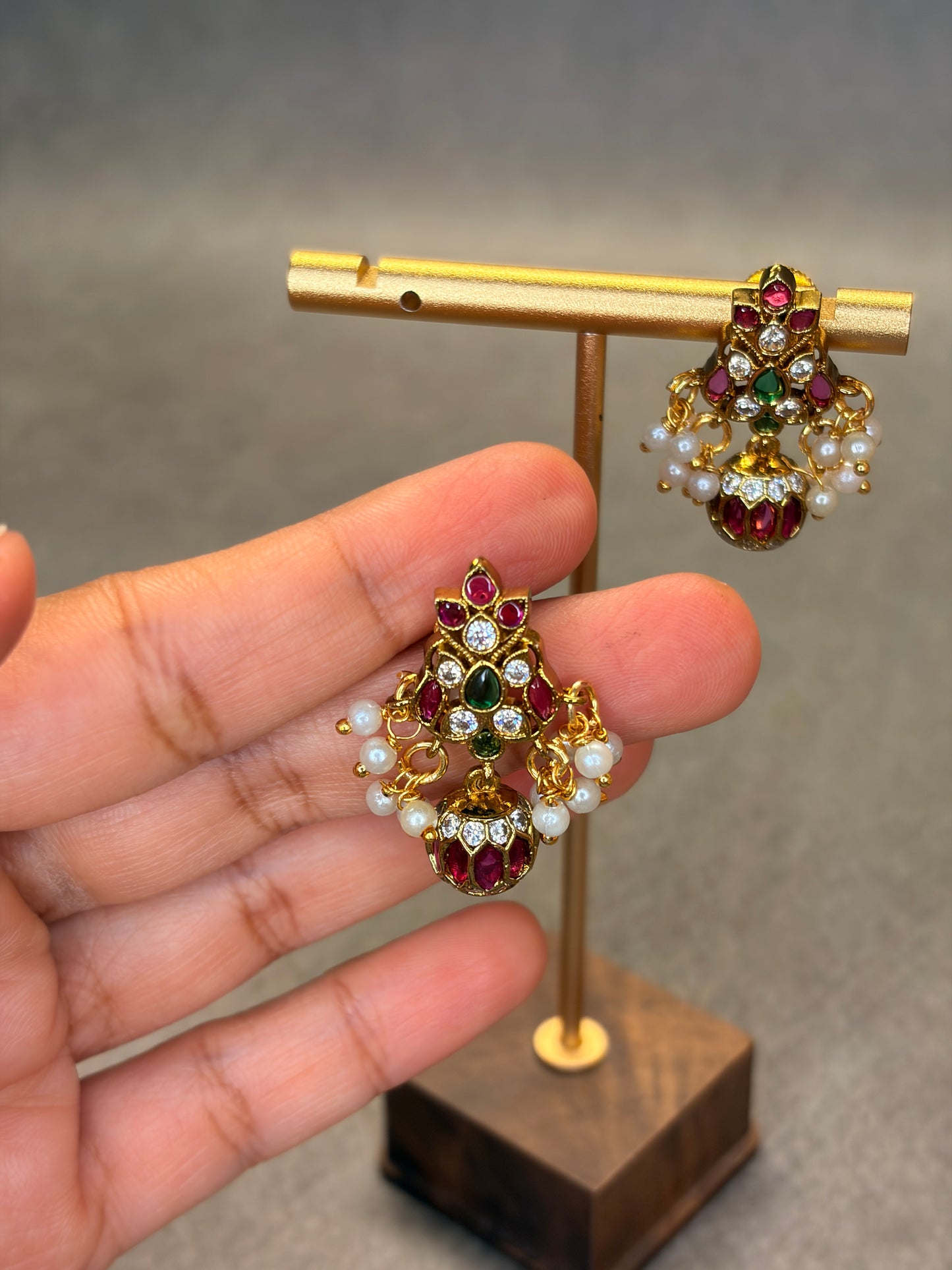 Temple Drop Earrings with AD Stones & Pearl Clusters MJ195