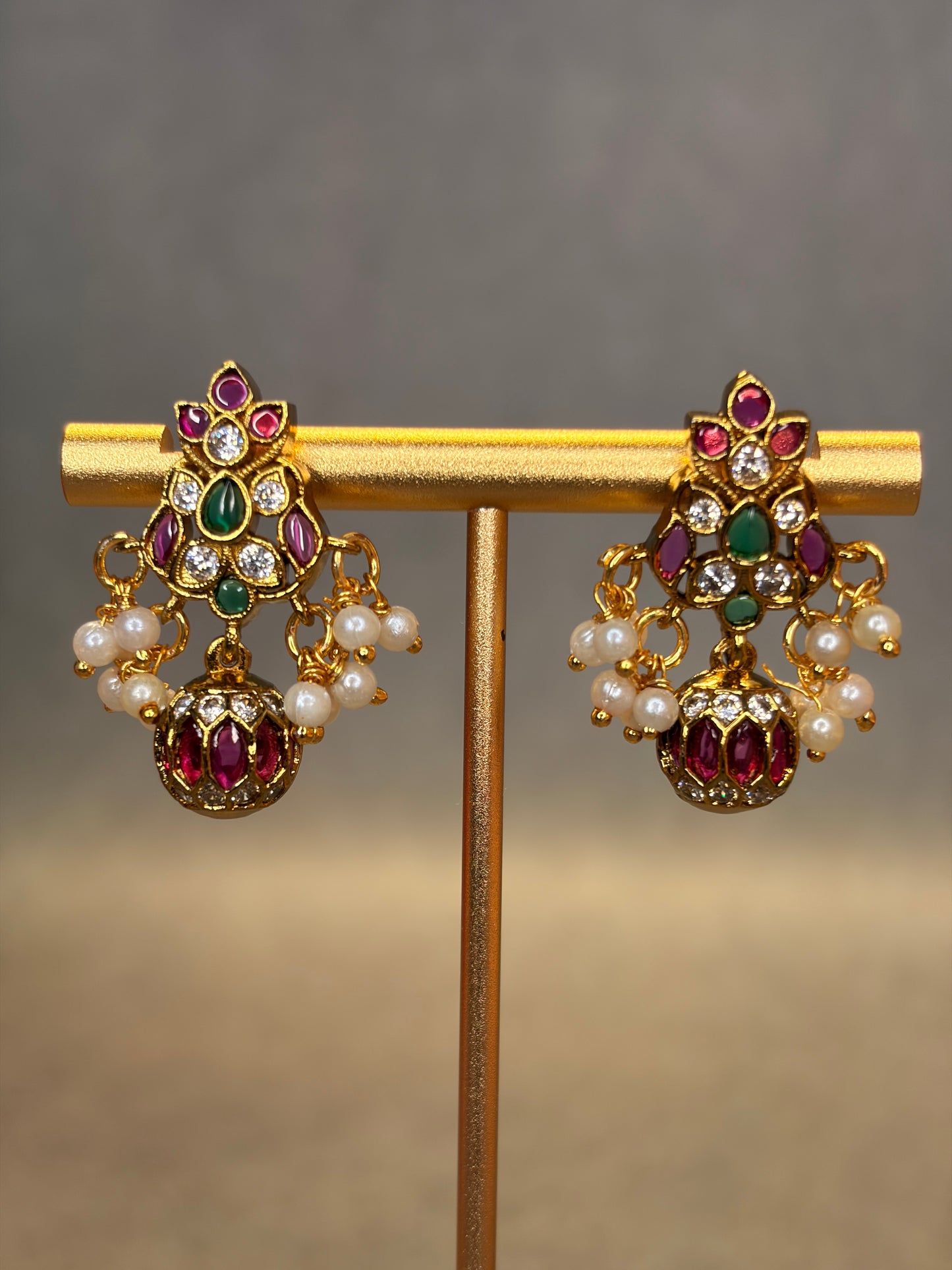 Temple Drop Earrings with AD Stones & Pearl Clusters MJ195