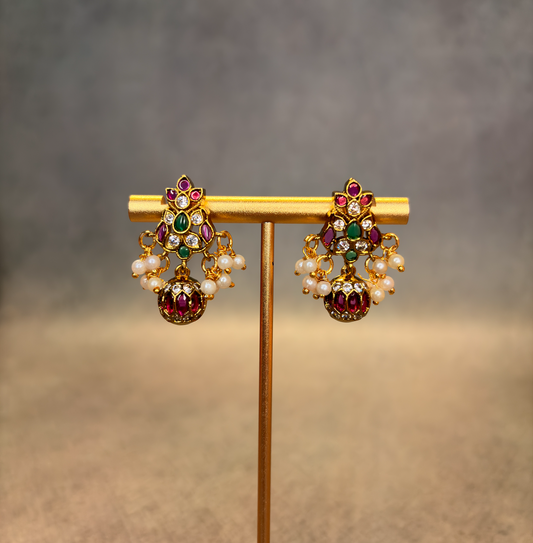 Temple Drop Earrings with AD Stones & Pearl Clusters MJ195