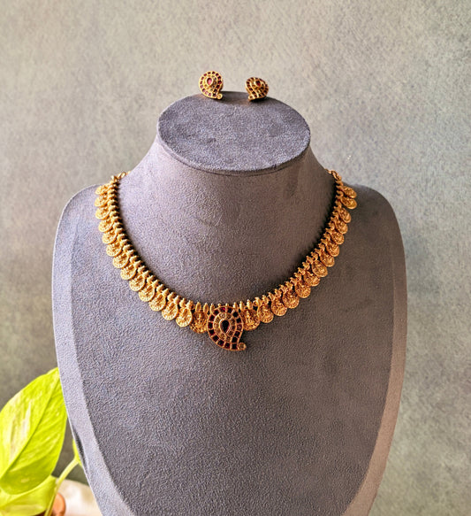Lakshmi Coin Necklace with Mango Ruby Earrings MJ126