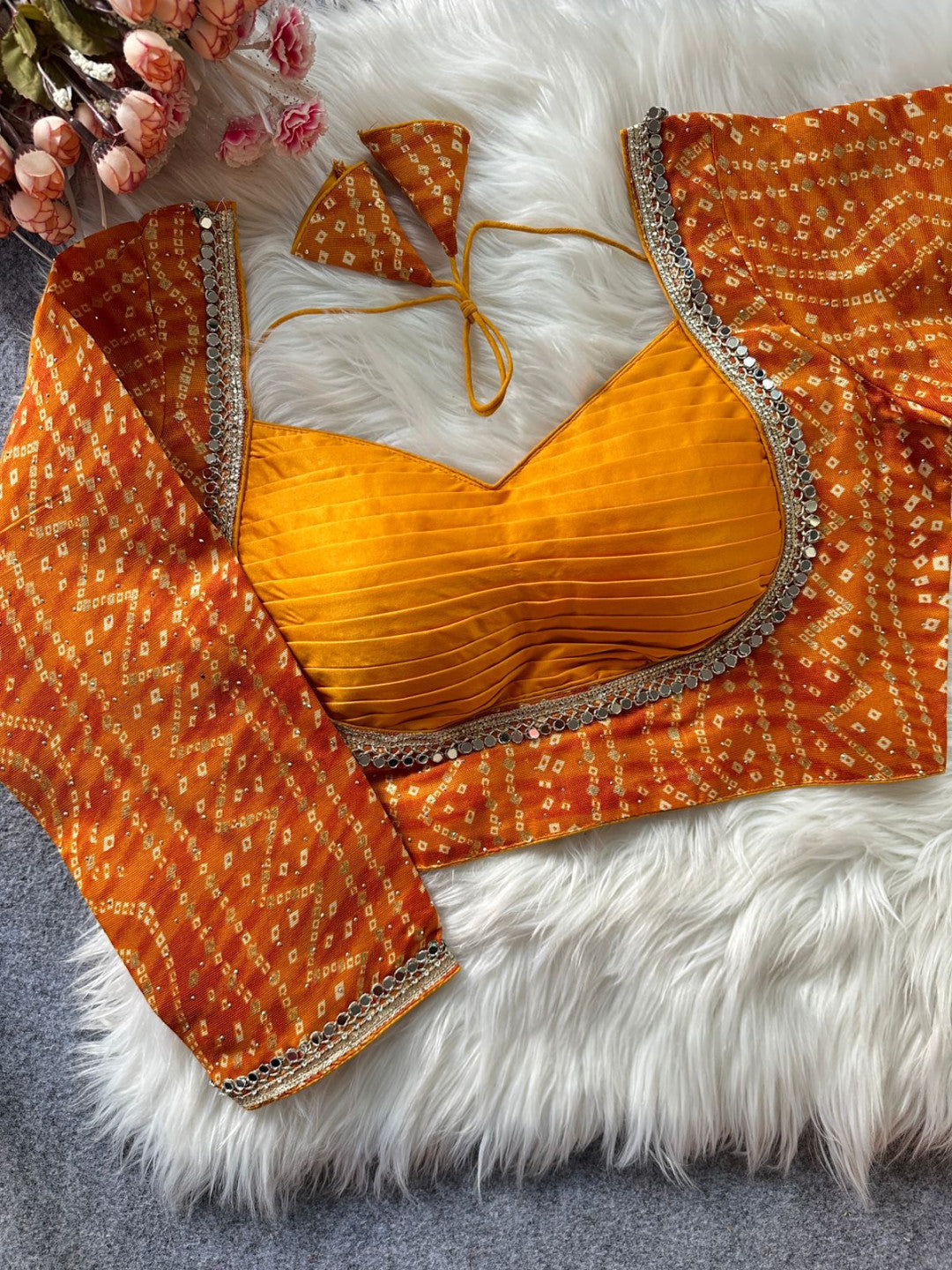 Cotton Bandhani Print Blouse with Mirror Work MJ174