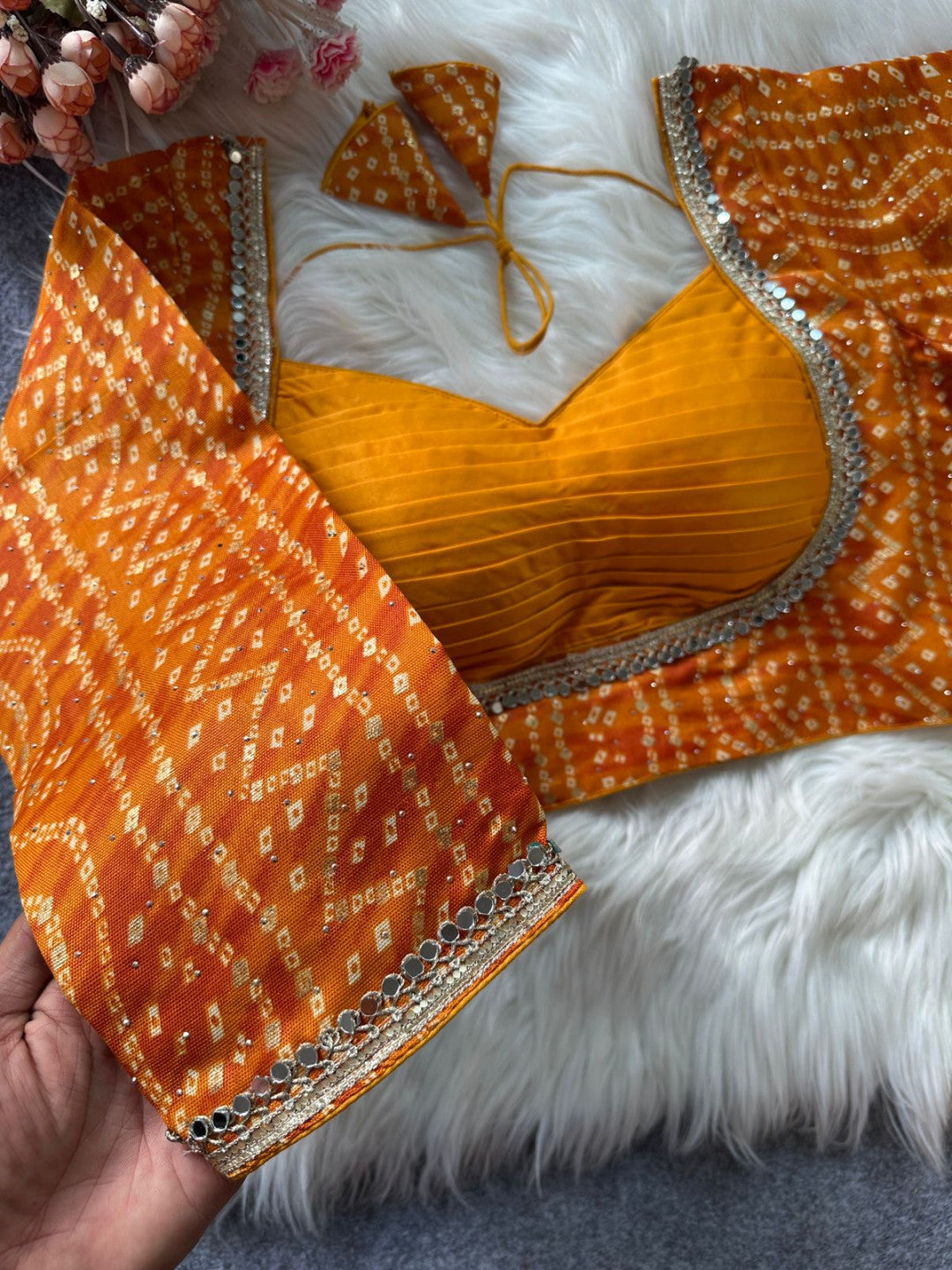Cotton Bandhani Print Blouse with Mirror Work MJ174