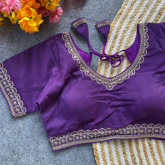 Violet Soft Roman Silk Embroidered Ready-to-Wear Blouse MJ179