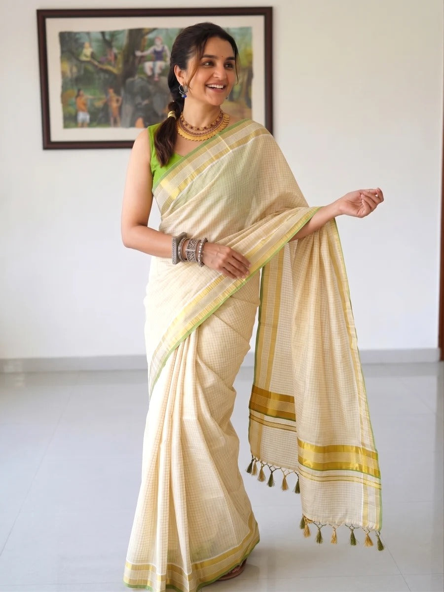 Traditional Pea Green Tiny Checks Balaramapuram Kasavu Saree MJ145