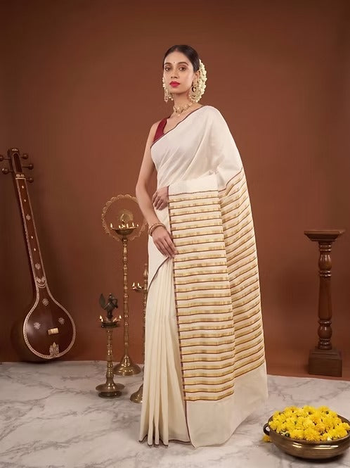 Kerala Kasavu Saree with Maroon & Orange Stripes MJ146