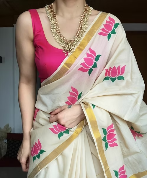 Lotus Kasavu Cotton Kerala Saree with Tassels MJ144