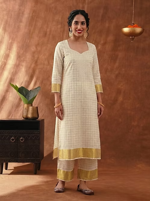 Designer Cotton Kasavu Kurti Set MJ149