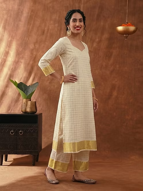 Designer Cotton Kasavu Kurti Set MJ149