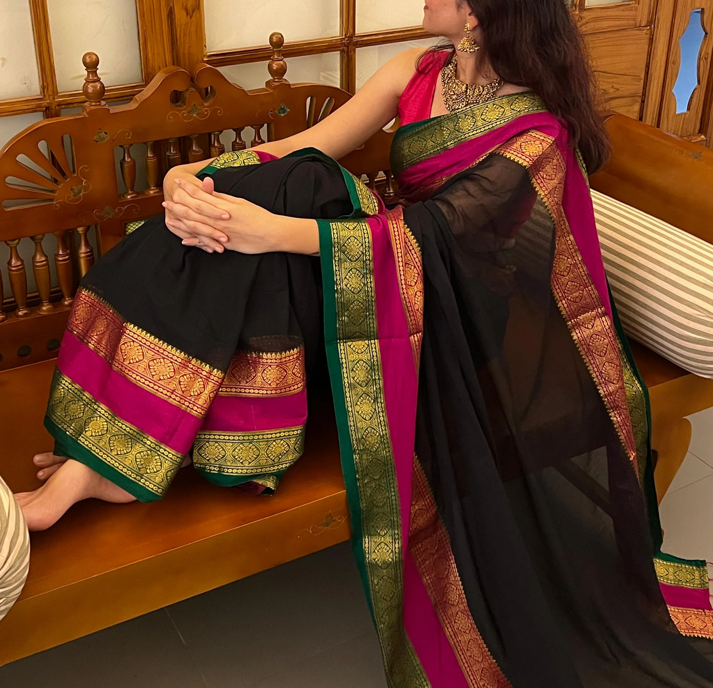 Black 120 Count Mul Cotton Saree with Pink & Green Zari Border MJ158