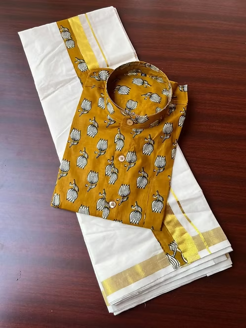 Lotus Mustard Ajrakh Kasavu Mundu & Shirt Combo MJ164