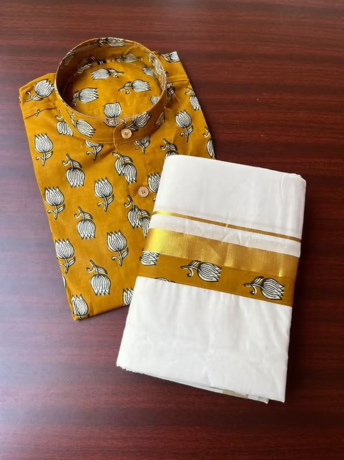 Lotus Mustard Ajrakh Kasavu Mundu & Shirt Combo MJ164