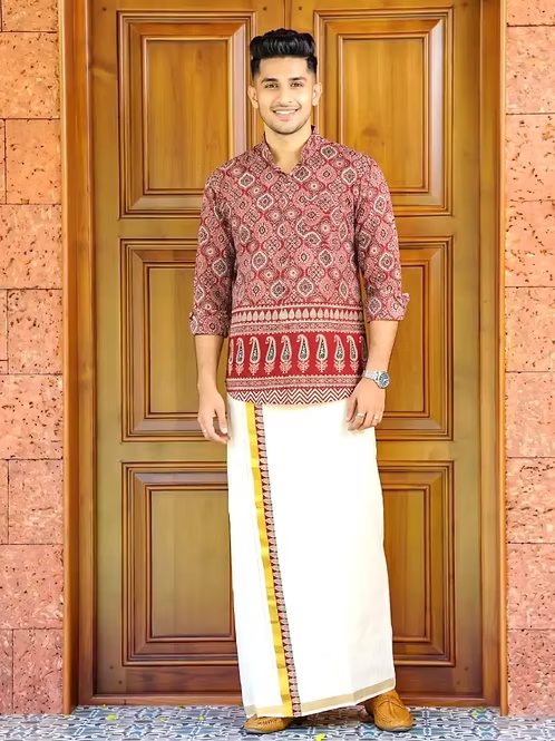 Maroon & Black Mango Ajrakh Shirt & Double Kasavu Mundu Combo MJ165