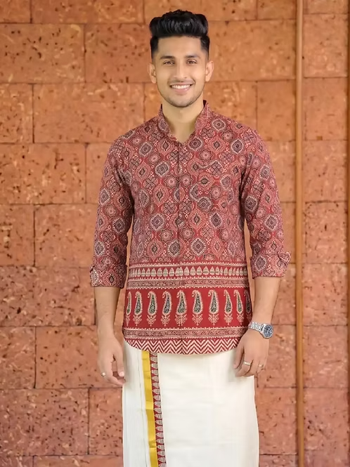 Maroon & Black Mango Ajrakh Shirt & Double Kasavu Mundu Combo MJ165