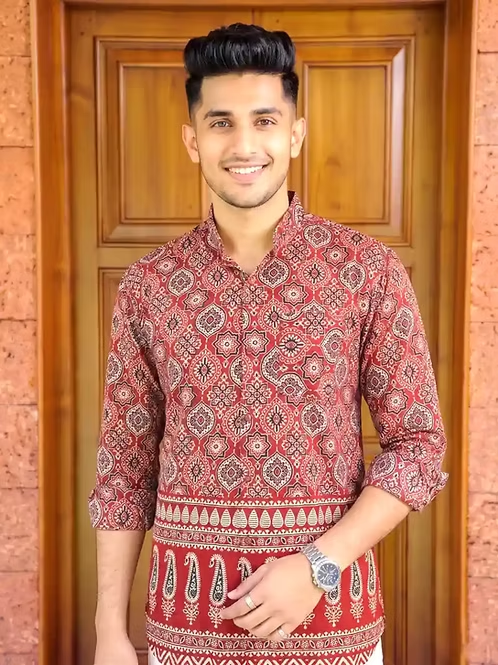 Maroon & Black Mango Ajrakh Shirt & Double Kasavu Mundu Combo MJ165