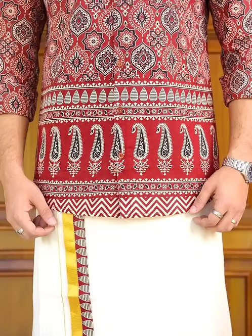 Maroon & Black Mango Ajrakh Shirt & Double Kasavu Mundu Combo MJ165