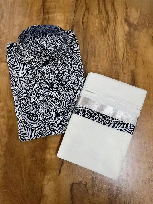 Black & White Paisley Ajrakh Shirt with Silver Kasavu Mundu Combo MJ166