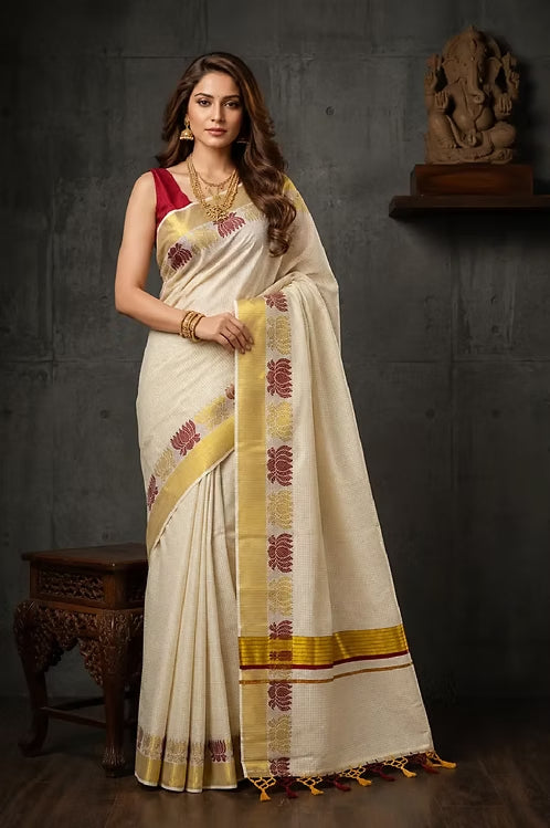 Maroon & Green Lotus Balaramapuram Kasavu Saree MJ142