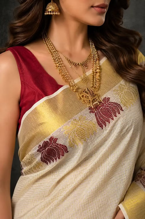 Maroon & Green Lotus Balaramapuram Kasavu Saree MJ142