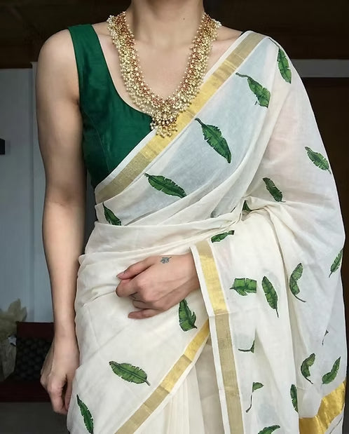 Banana Leaf Designer Kasavu Cotton Saree MJ143