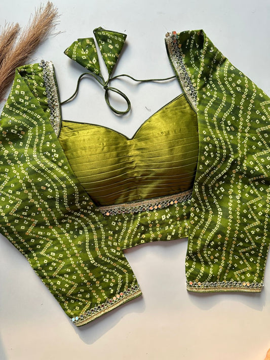Cotton Bandhani Print Blouse with Mirror Work MJ174