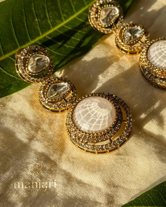 Elegant antique gold Moonstone Kundan statement earrings with sparkling CZ stones for weddings, festive occasions, and traditional Indian wear.